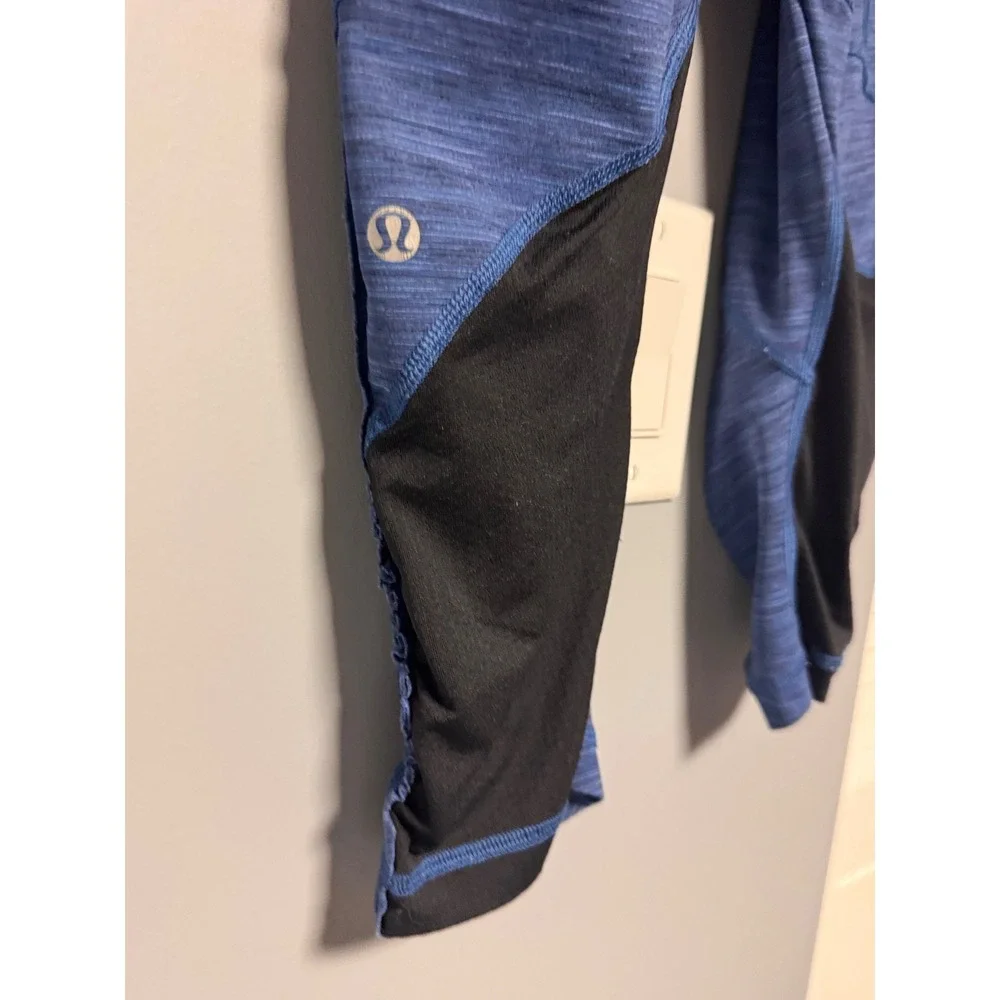 Lululemon Women Run For Your Life Blue Heather Crop Leggings Mesh Panels Size 6